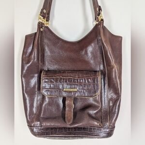Brown Leather Shoulder Bag | Croc Embossed Pocket